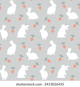 Seamless pattern with bunnies and carrot vector illustration. Cute rabbits print design for kids, pastel colors. Happy Easter day.