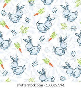 seamless pattern, bunnies, with carrots, for a boy