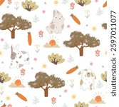 Seamless pattern with bunnies, carrots, and trees. Vector illustration.