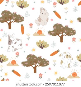 Seamless pattern with bunnies, carrots, and trees. Vector illustration.