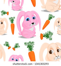 Seamless pattern with bunnies and carrots. A whole carrot and a bitten piece with green tops. Cute rabbit pink and beige. Design for print, fabric, wallpaper, bed linen, children's clothing.