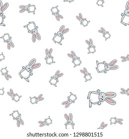 Seamless pattern of bunnies in cartoon style. On white background, vector illustration.