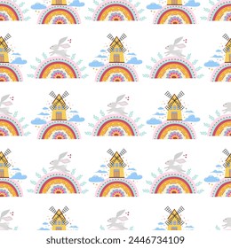 Seamless pattern with bunnies. Children's print with rabbits. Spring. Work in the garden. Clouds, mill. Cute pattern for kids.