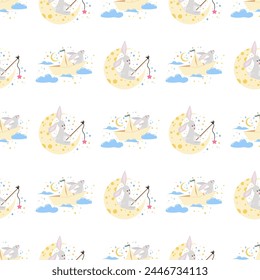 Seamless pattern with bunnies. Children's print with rabbits. Spring. Work in the garden. Clouds, mill. Cute pattern for kids.