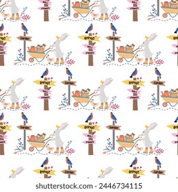 Seamless pattern with bunnies. Children's print with rabbits. Spring. Work in the garden. Clouds, mill. Cute pattern for kids.