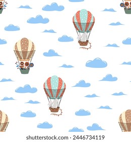 Seamless pattern with bunnies. Children's print with rabbits. Spring. Work in the garden. Clouds, mill. Cute pattern for kids.