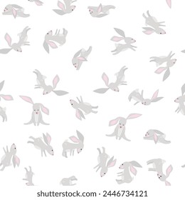 Seamless pattern with bunnies. Children's print with rabbits. Spring. Work in the garden. Clouds, mill. Cute pattern for kids.