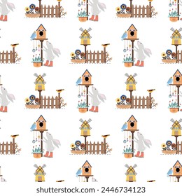 Seamless pattern with bunnies. Children's print with rabbits. Spring. Work in the garden. Clouds, mill. Cute pattern for kids.