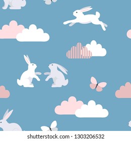 Seamless pattern with bunnies and clouds. Easter. Cute children's drawing. Vector illustration.