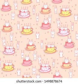 Seamless pattern bunnies in the cup. Vector illustration.