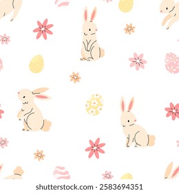 Seamless pattern with bunnies, Easter eggs and flowers on a white background. Vector Easter illustration background. Flat illustration.
