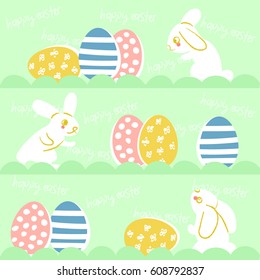Seamless pattern with bunnies, and easter eggs on white background. Vector illustration.