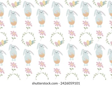 Seamless pattern with bunnies, easter wreath and flowers on white background.