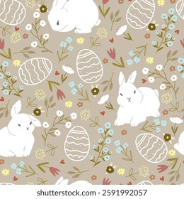 Seamless pattern with bunnies, eggs, and many different flowers.