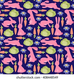 Seamless pattern with bunnies, flowers, carrots and cabbage. Rabbit background for kids in pastel colors.