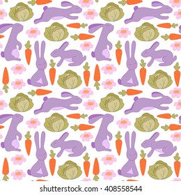 Seamless pattern with bunnies, flowers, carrots and cabbage. Rabbit background for kids in pastel colors.