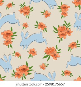 Seamless pattern of bunnies and flowers. Rabbits with delicate flowers on a light background. Vector. Design template for home textiles, interiors, bed linen, fabric, packaging.