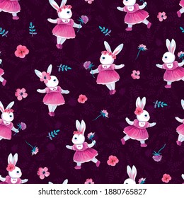 
seamless pattern with bunnies, for a girl, dress, flowers, background separately