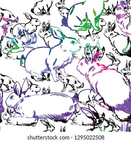 
Seamless pattern with bunnies and hares. Cute background. Freehand drawing in vintage style.