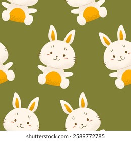 Seamless pattern with bunnies on green background. Children's charming pattern for Easter. Celebration of Christian holiday. Vector illustration.