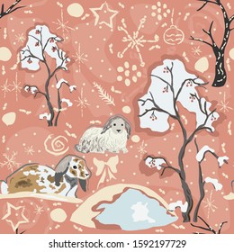Seamless Pattern with Bunnies on pink background. 