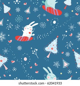 Seamless pattern of bunnies on snowboards