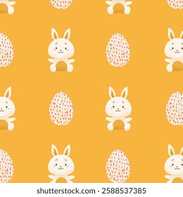 Seamless pattern with bunnies and painted eggs on yellow background. Children's charming pattern for Easter. Celebration of Christian holiday. Warm cozy drawing. Vector illustration.