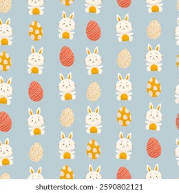 Seamless pattern with bunnies and painted eggs on a blue background. Children's charming pattern for Easter. Celebration of the Christian holiday. Vector illustration.