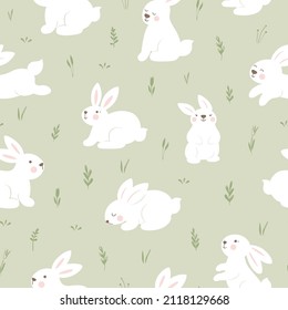 Seamless pattern with bunnies and plants on green background. Easter vector print. Cute cartoon style.