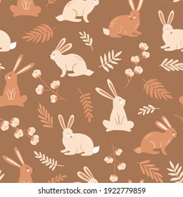 Seamless pattern with bunnies, rabbit, coton and spring flowers for Easter. Vector design perfect for fabric, textile, wrapping paper, wallpaper and print.