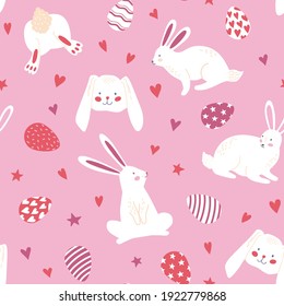 Seamless pattern with bunnies, rabbit, eggs,  and heart for Easter on pink background. Vector design perfect for fabric, textile, wrapping paper, wallpaper and print.