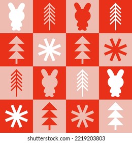 Seamless pattern with bunnies, snowflakes and Christmas trees. Geometric print for tee, paper, fabric, textile. Retro style vector illustration for decor and design. 


