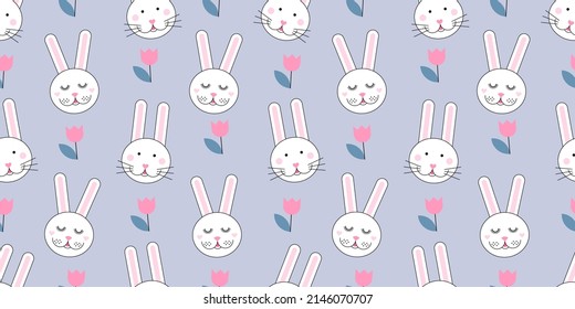 Seamless pattern with bunnies and spring tulip on pastel blue background. Vector cartoon character. Happy Easter concept.