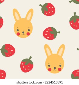 Seamless pattern with bunnies and strawberries. Vector illustration.