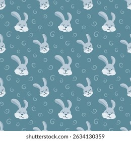 Seamless pattern with bunnies and swirs accents on a blue background