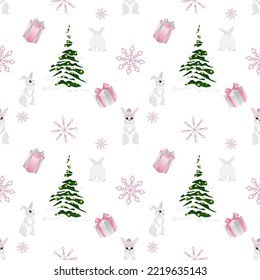 Seamless pattern with bunnies. Winter rabbits. Pattern for fabric, textile, packaging, paper, postcards