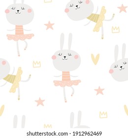 seamless pattern with bunny ballerina, decor elements. Colorful vector flat style for kids. Animals. hand drawing. baby design for fabric, print, wrapper