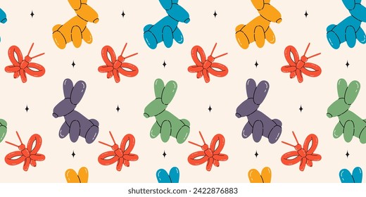 Patrón sin foco con globos de conejito. Elementos repetitivos de color brillante. Ilustración bursátil. Patrón vectorial sin fisuras de tierno animal de burbuja de dibujos animados en color.