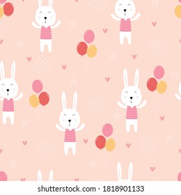 Seamless pattern Bunny with balloons Cute cartoon hand drawn background in childrens style For fabric, textile, wallpaper