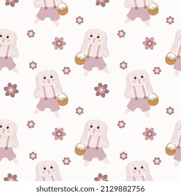 Seamless pattern with bunny with basket and flowers. Background for wrapping paper, greeting cards and seasonal designs. Happy Easter Day.