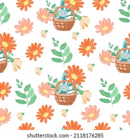 Seamless pattern with a bunny in a basket and orange flowers.