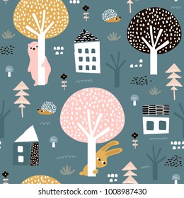 Seamless pattern with bunny, bear, hedgehog and floral elements, branches. Creative woodland background. Perfect for kids apparel,fabric, textile, nursery decoration,wrapping paper.Vector Illustration