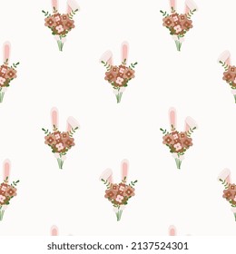 Seamless pattern with bunny and bouquet. Background for wrapping paper, greeting cards and seasonal designs. Happy Easter Day.