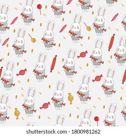 seamless pattern bunny with candy on the white background
