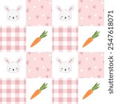 Seamless pattern with bunny, carrot and hearts on a checkered background. Baby background in a pastel palette. Perfect for for wrapping paper, clothes, textiles.