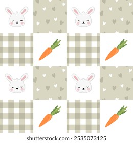 Seamless pattern with bunny, carrot and hearts on a checkered background. Baby background in a pastel palette. Perfect for for wrapping paper, clothes, textiles.