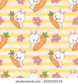 Seamless pattern with bunny with carrot on striped yellow background with flowers. Cute kawaii animal character. Vector illustration. Kids collection.