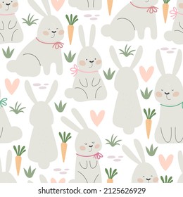 Seamless pattern with bunny, carrots. Colorful vector flat for kids. hand drawing. baby design for fabric, print, wrapper, textile