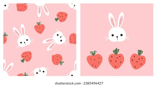 Patrón sin foco con caricatura de conejito y fresa sobre fondo rosado. Conjunto de símbolo de la cara de fresa y conejo en el vector de fondo rosado.