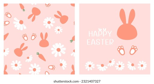 Seamless pattern with bunny cartoons, carrot, rabbit's foot and daisy flower on pink background. Happy Easter icon signs with rabbit face, foot and daisy flower vector illustration.